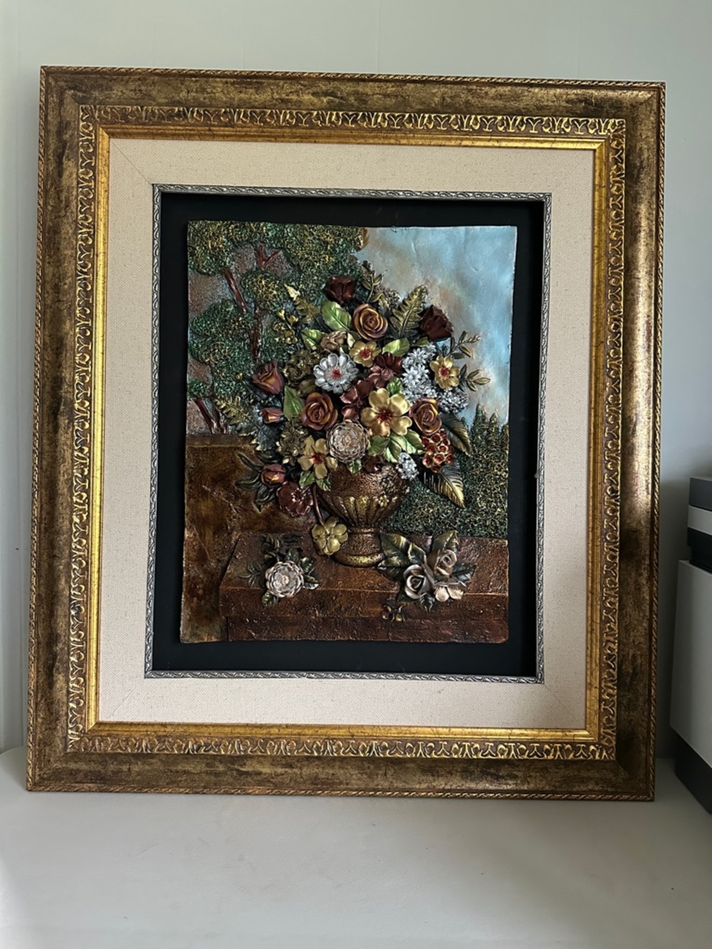 Ornate Gold Framed Floral Relief Wall Art - Gold, Green, Brown